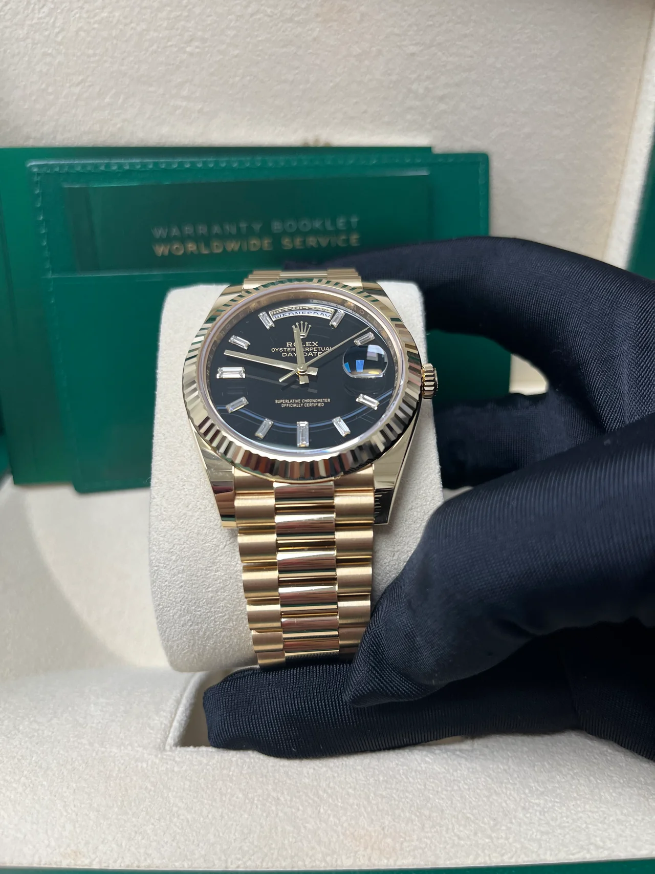 RC Factory Day-Date 40 18K Yellow Gold – Baguette Diamond Dial – Fluted Bezel - Image 2