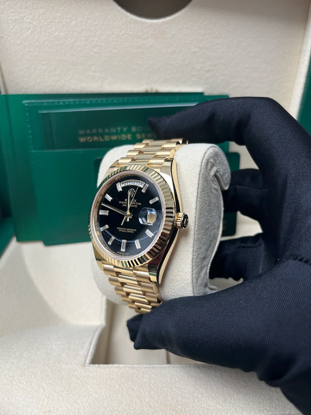 RC Factory Day-Date 40 18K Yellow Gold – Baguette Diamond Dial – Fluted Bezel - Image 3