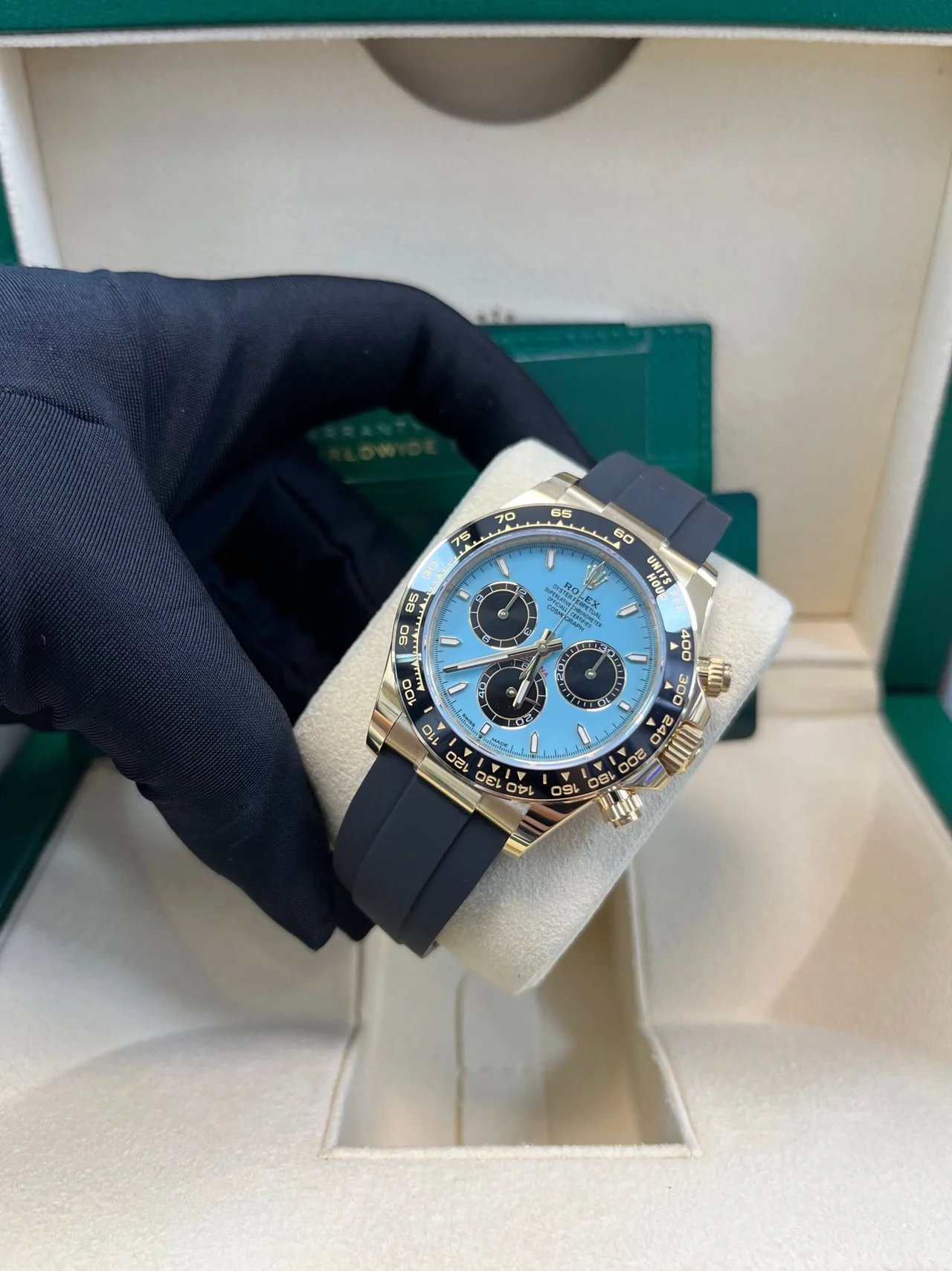 VS Factory Rolex Daytona 126518LN Tiffany Blue Dial – Rubber Strap, Cerachrom Bezel, Yellow Gold-Wrapped 904L Steel, VS4131 Movement - Image 4