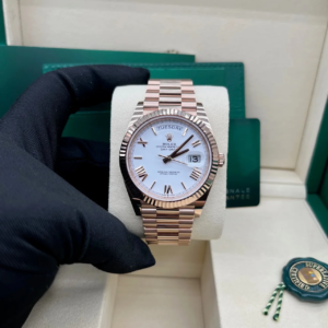 RC Factory Day-Date 40 Everose Gold white Roman dial watch