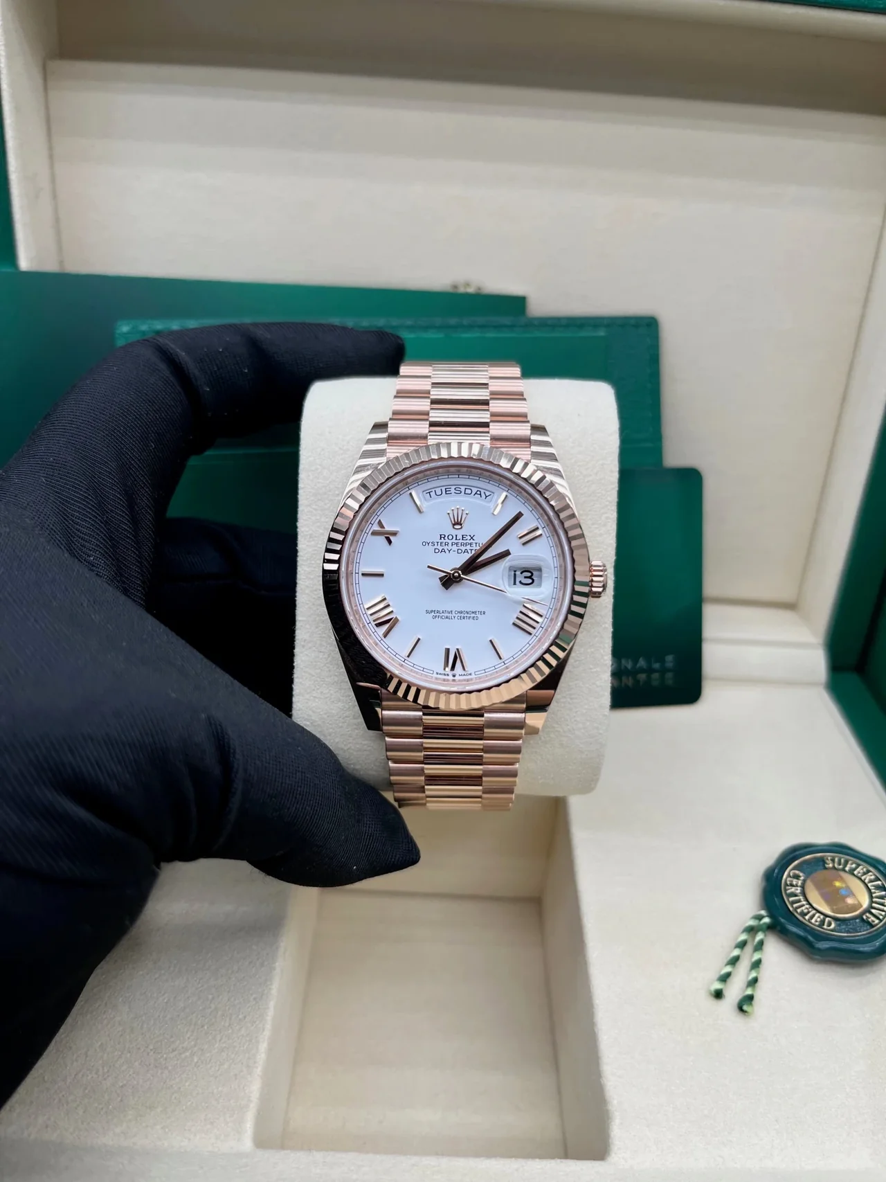 RC Factory Day-Date 40 Everose Gold white Roman dial watch