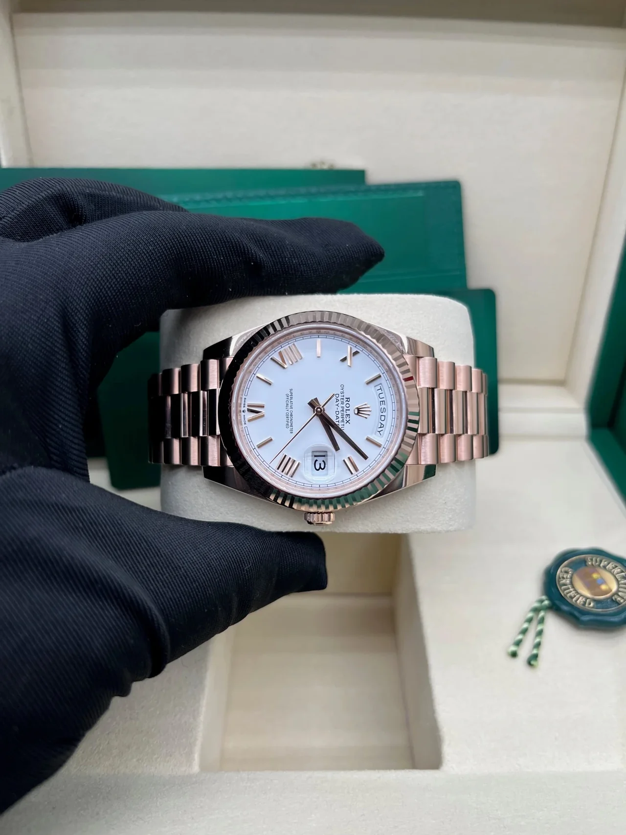 RC Factory Day-Date 40 Everose Gold White Bevelled Roman Dial – Rose Gold Wrapped 904L Steel - Image 4
