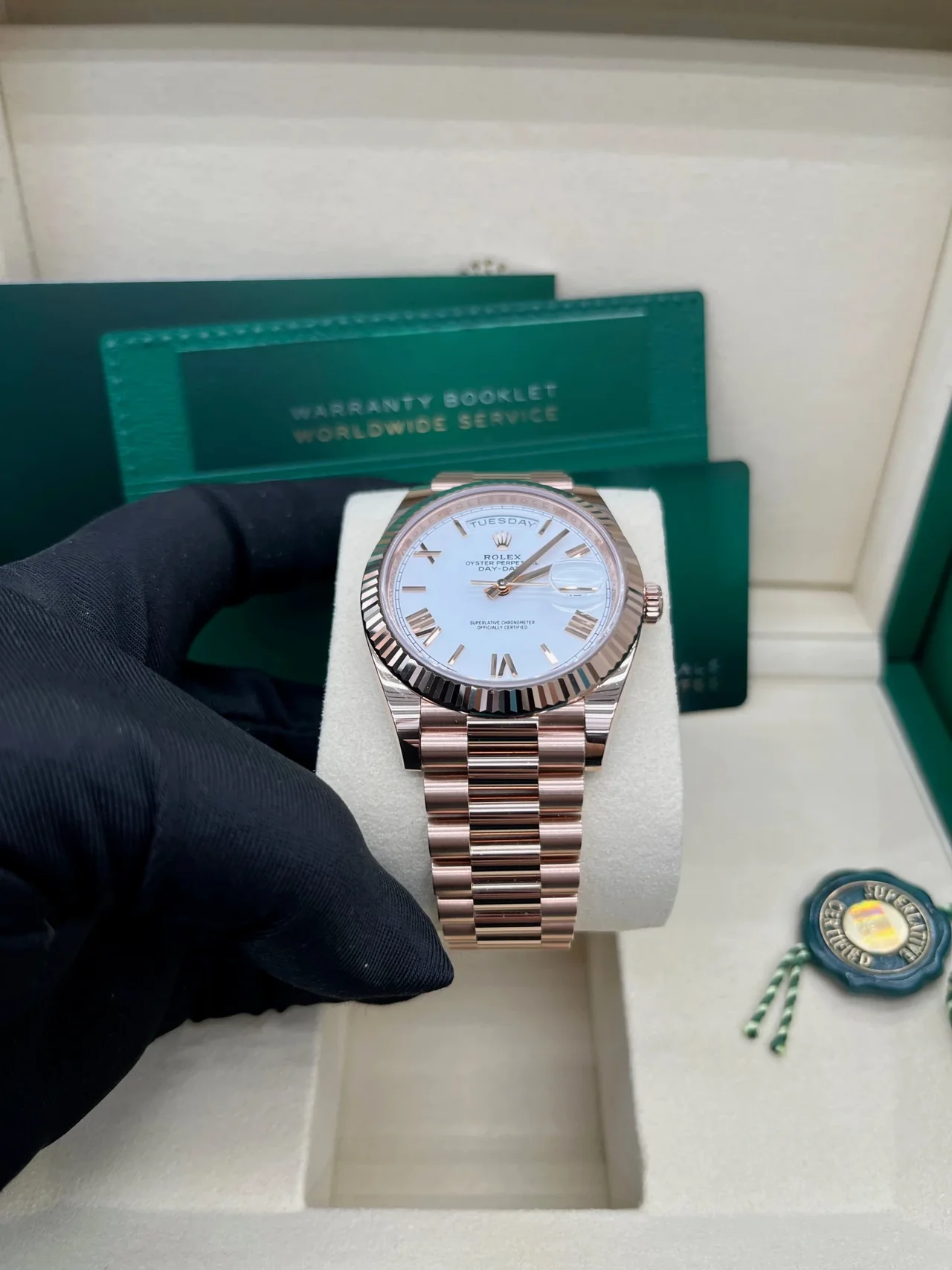 RC Factory Day-Date 40 Everose Gold White Bevelled Roman Dial – Rose Gold Wrapped 904L Steel - Image 3
