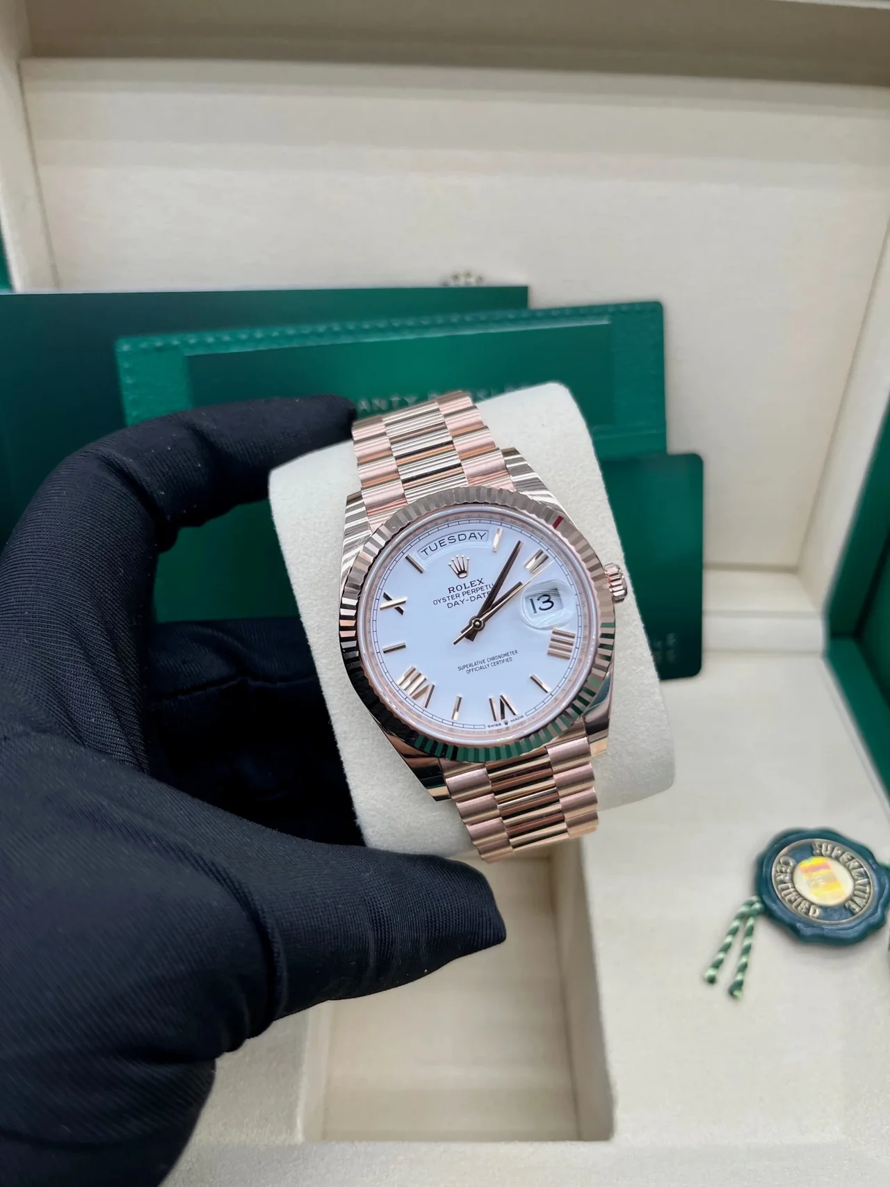 RC Factory Day-Date 40 Everose Gold White Bevelled Roman Dial – Rose Gold Wrapped 904L Steel - Image 7