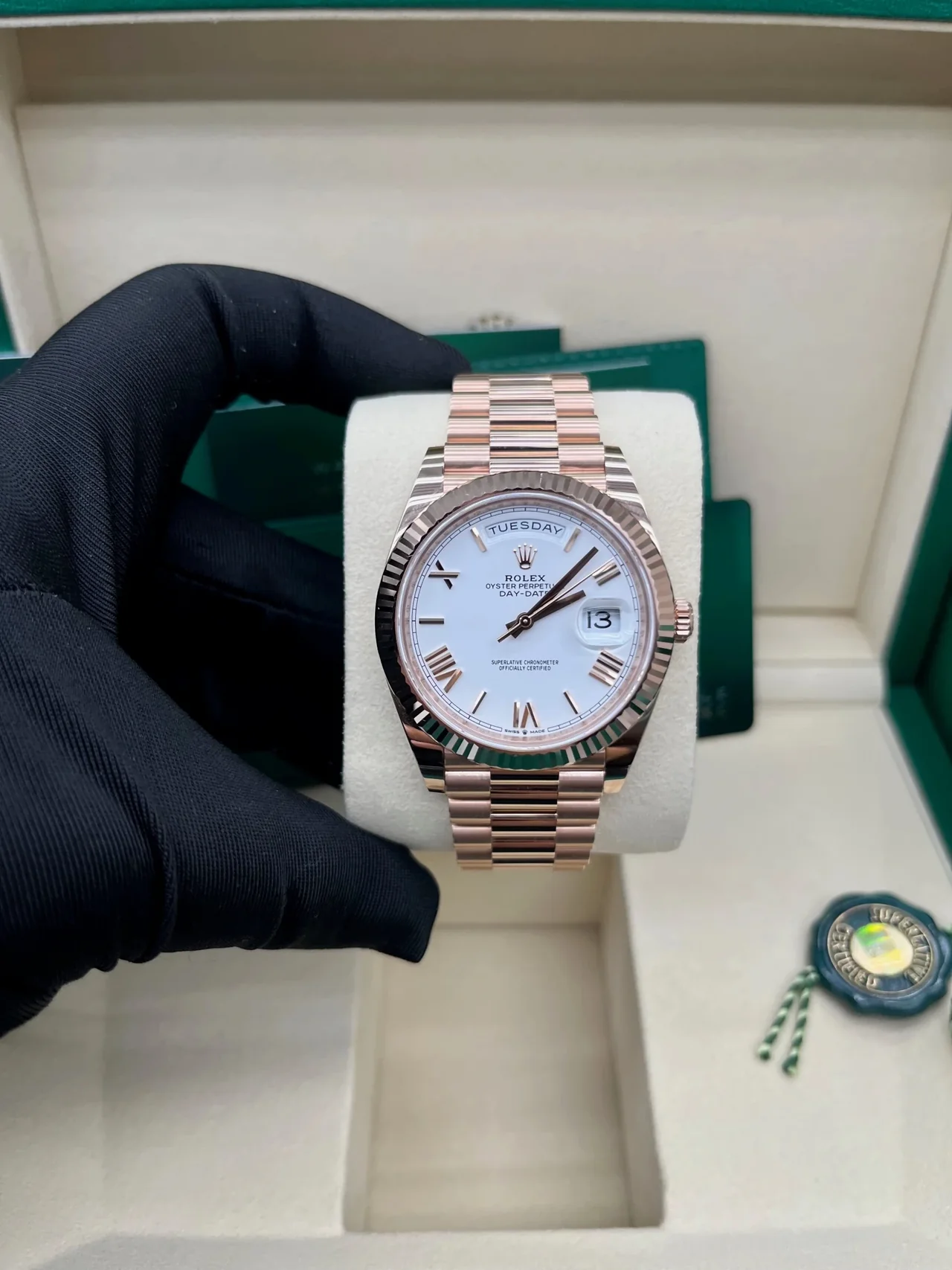 RC Factory Day-Date 40 Everose Gold White Bevelled Roman Dial – Rose Gold Wrapped 904L Steel - Image 5