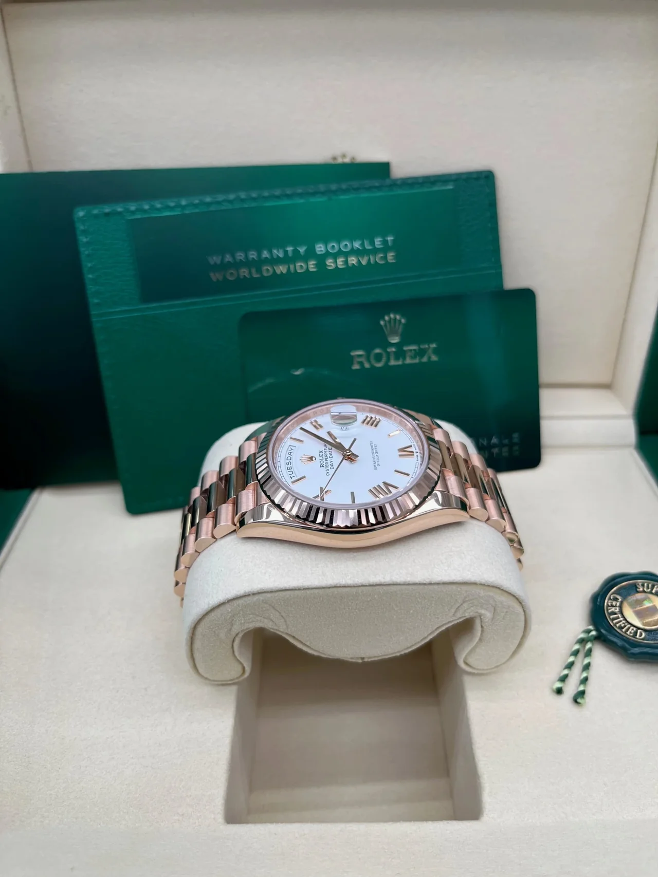 RC Factory Day-Date 40 Everose Gold White Bevelled Roman Dial – Rose Gold Wrapped 904L Steel - Image 11