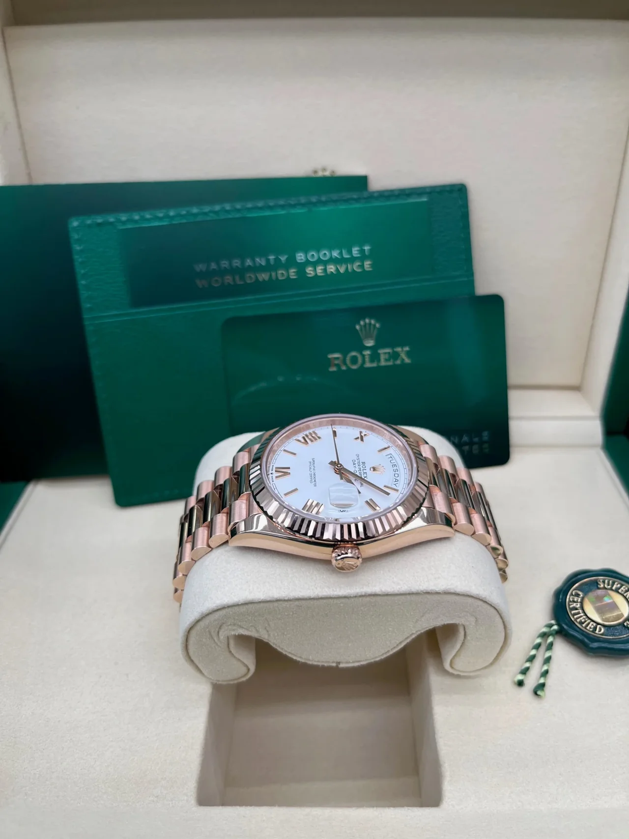 RC Factory Day-Date 40 Everose Gold White Bevelled Roman Dial – Rose Gold Wrapped 904L Steel - Image 10