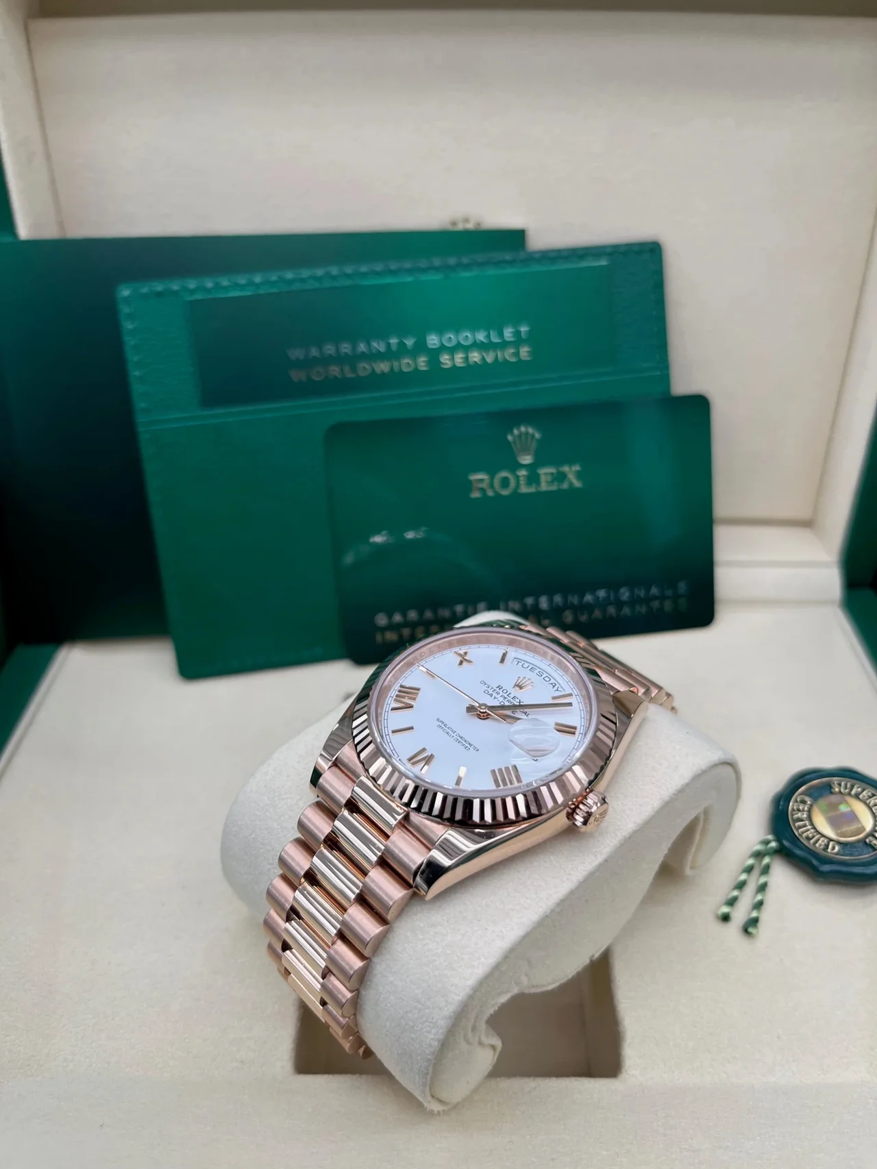 RC Factory Day-Date 40 Everose Gold White Bevelled Roman Dial – Rose Gold Wrapped 904L Steel - Image 9