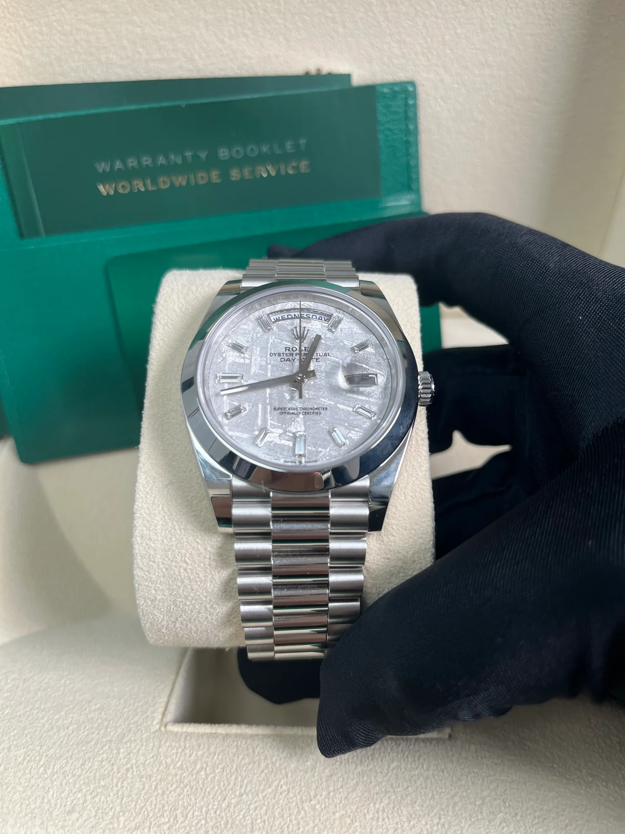 RC Factory Day-Date 40 Platinum-Style Meteorite Baguette Diamond Dial – Smooth Bezel President Bracelet - Image 2