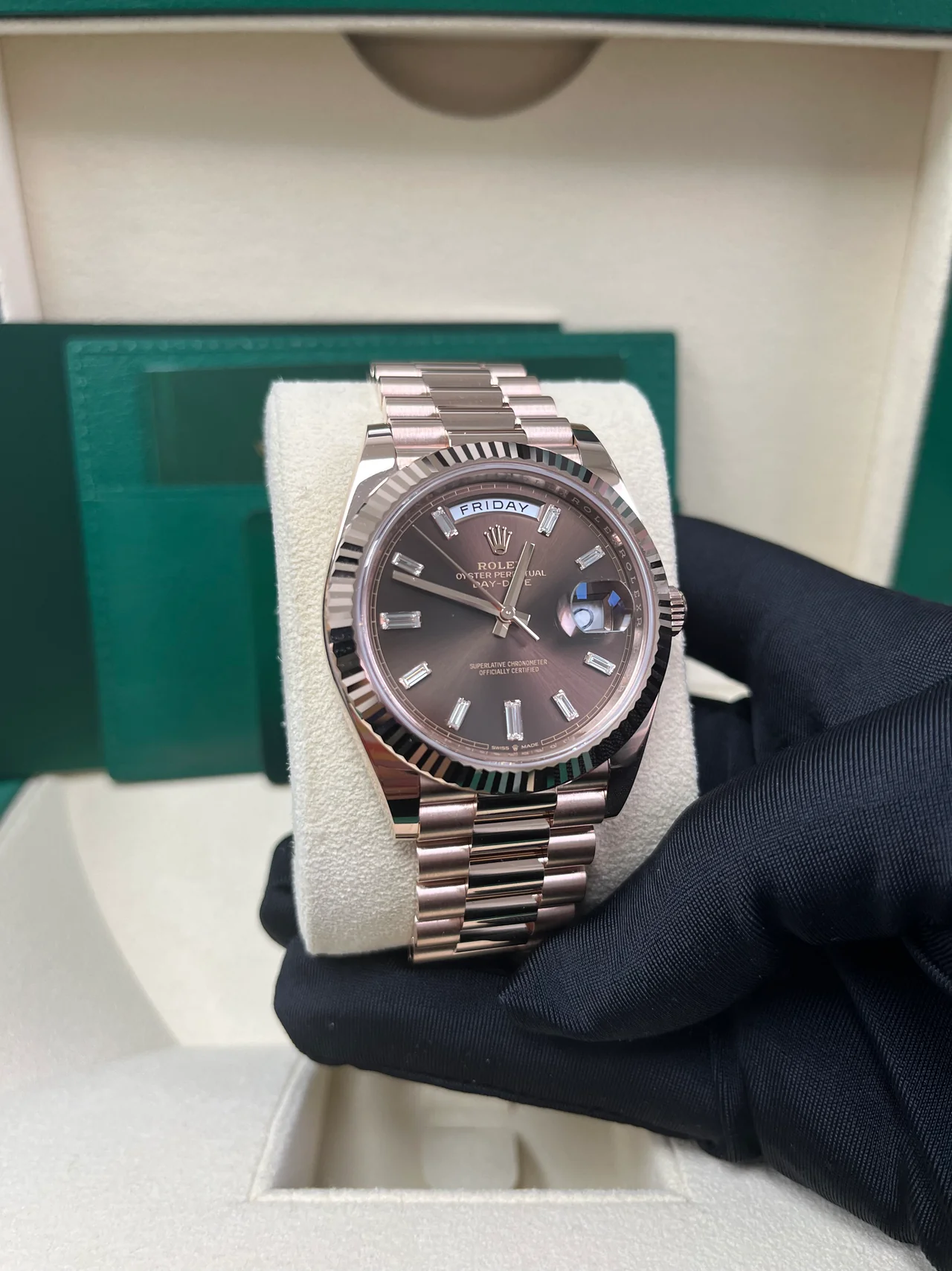 RC Factory Day-Date 40 Rose Gold Chocolate Baguette Diamond Dial – Fluted Bezel - Image 3