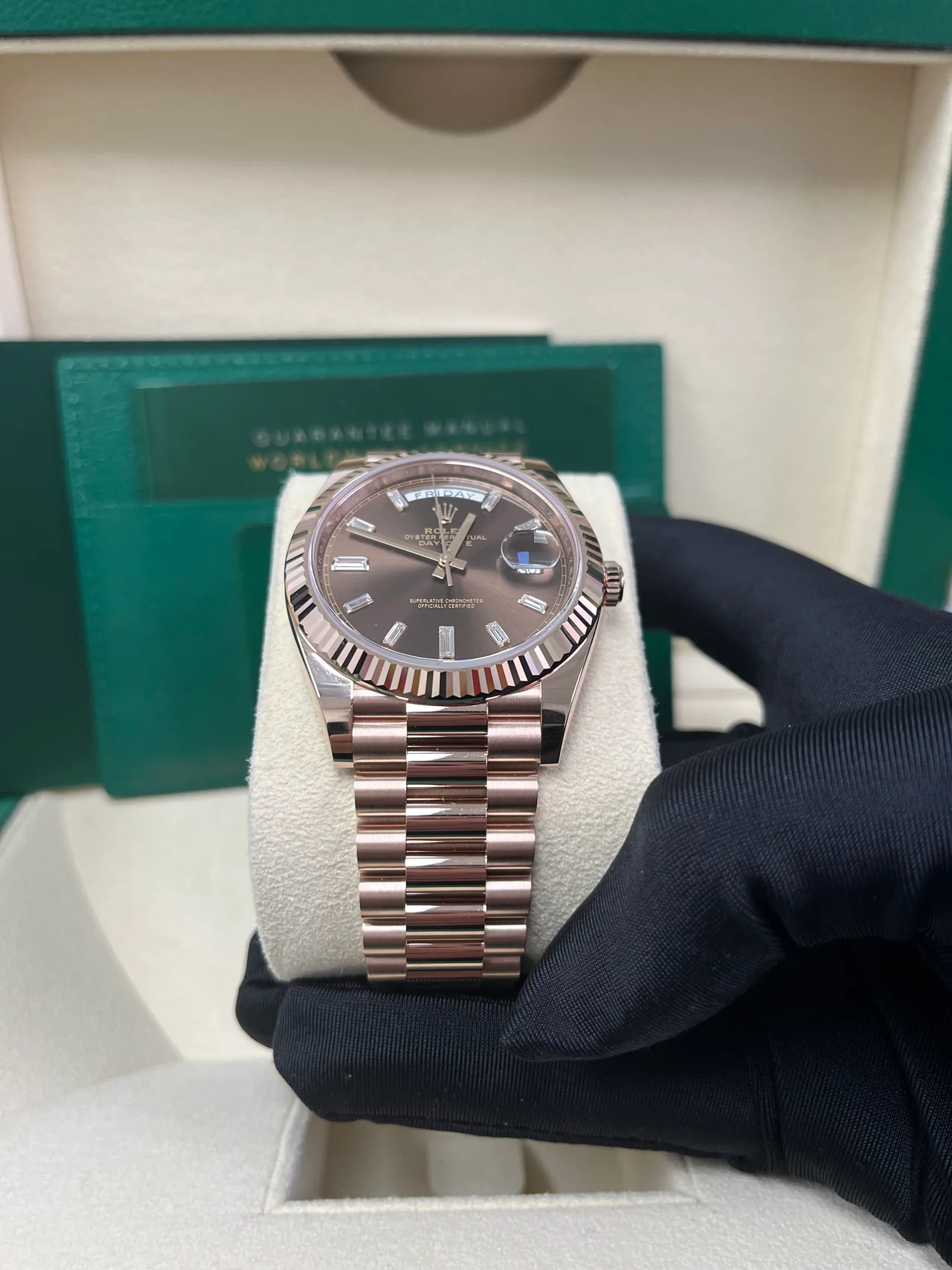 RC Factory Day-Date 40 Rose Gold Chocolate Baguette Diamond Dial – Fluted Bezel - Image 4