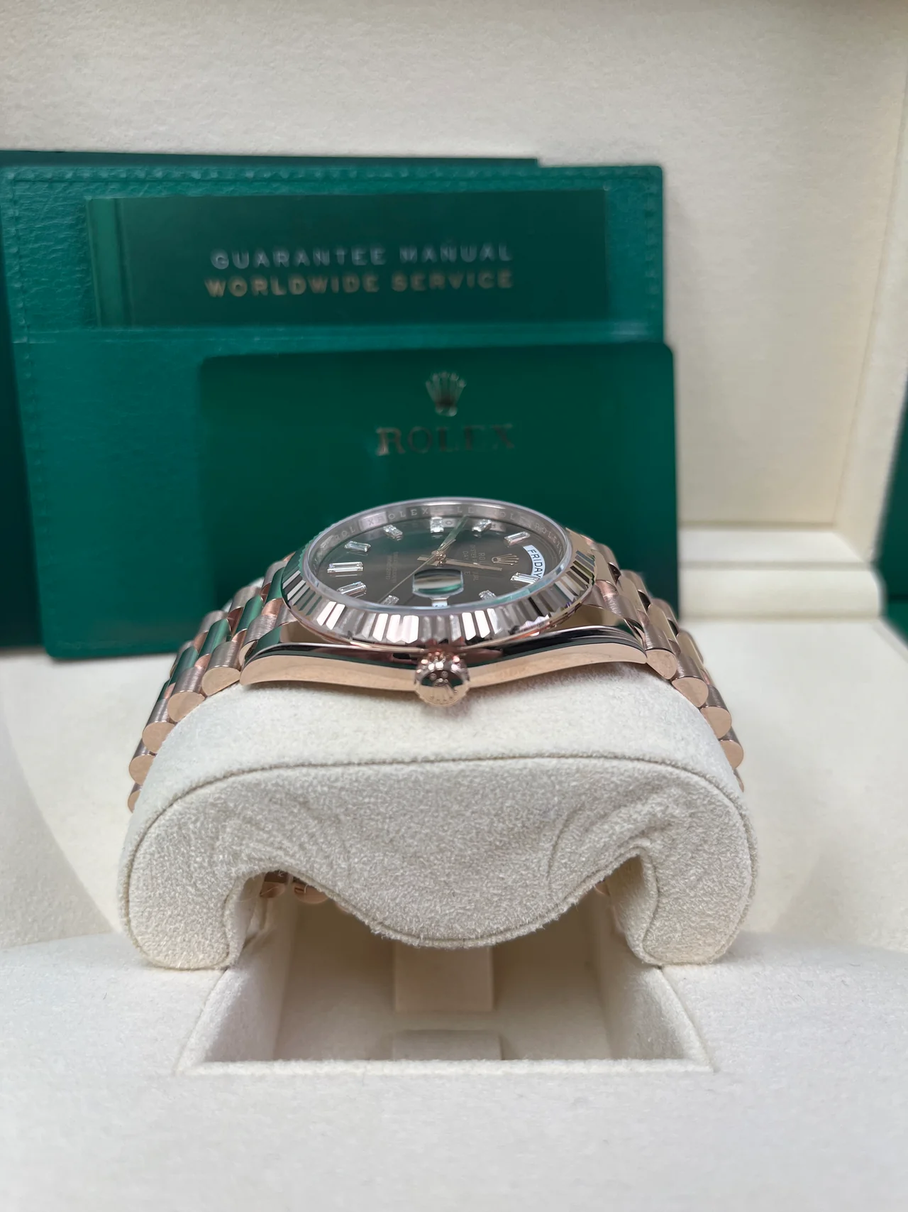 RC Factory Day-Date 40 Rose Gold Chocolate Baguette Diamond Dial – Fluted Bezel - Image 6