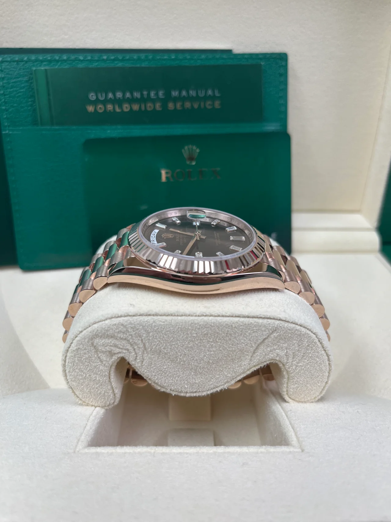 RC Factory Day-Date 40 Rose Gold Chocolate Baguette Diamond Dial – Fluted Bezel - Image 5
