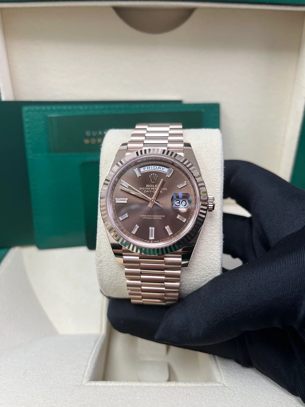 RC Factory Day-Date 40 Rose Gold Chocolate Baguette Diamond Dial – Fluted Bezel - Image 2
