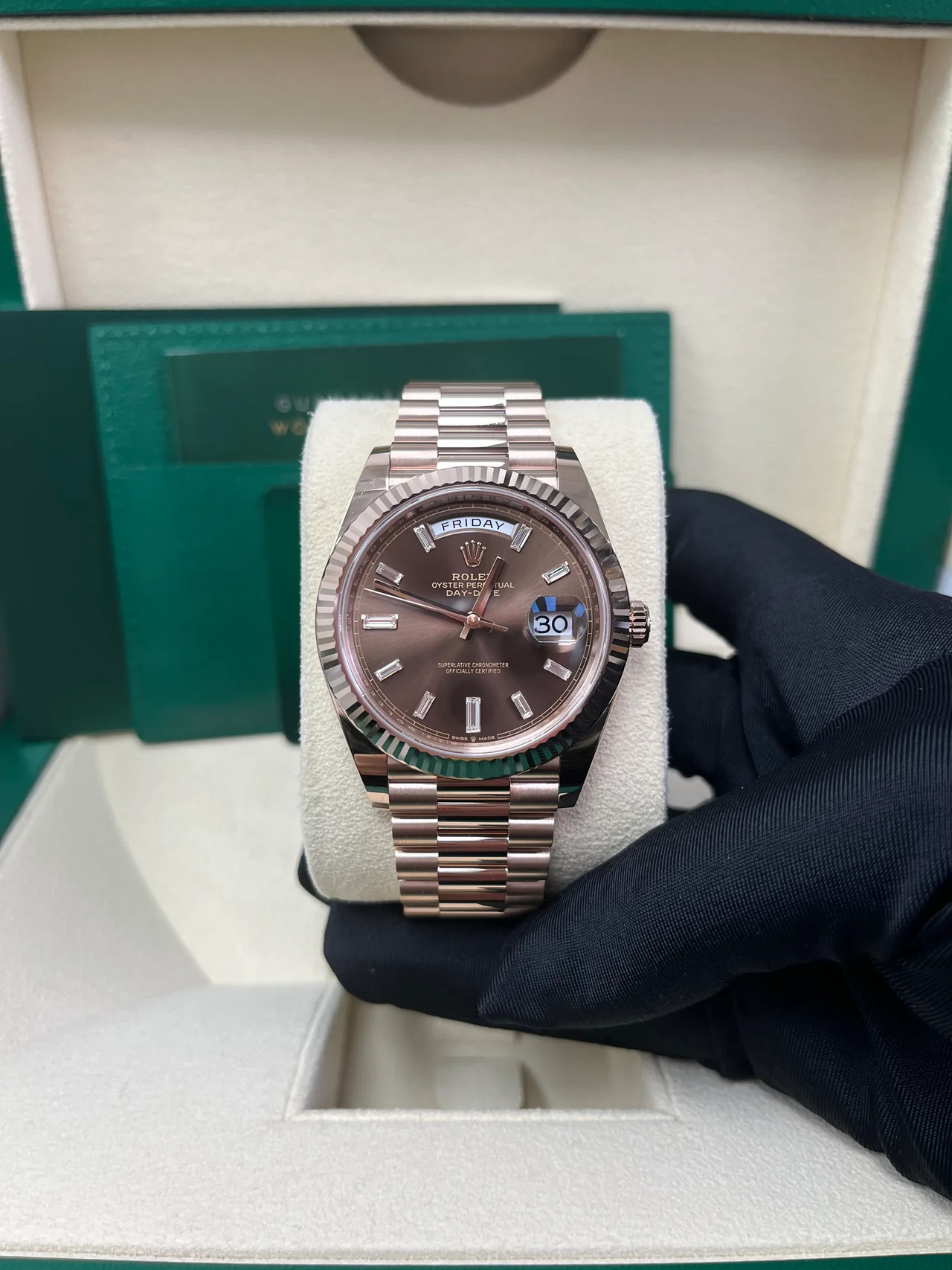 RC Factory Day-Date 40 rose gold chocolate baguette dial watch
