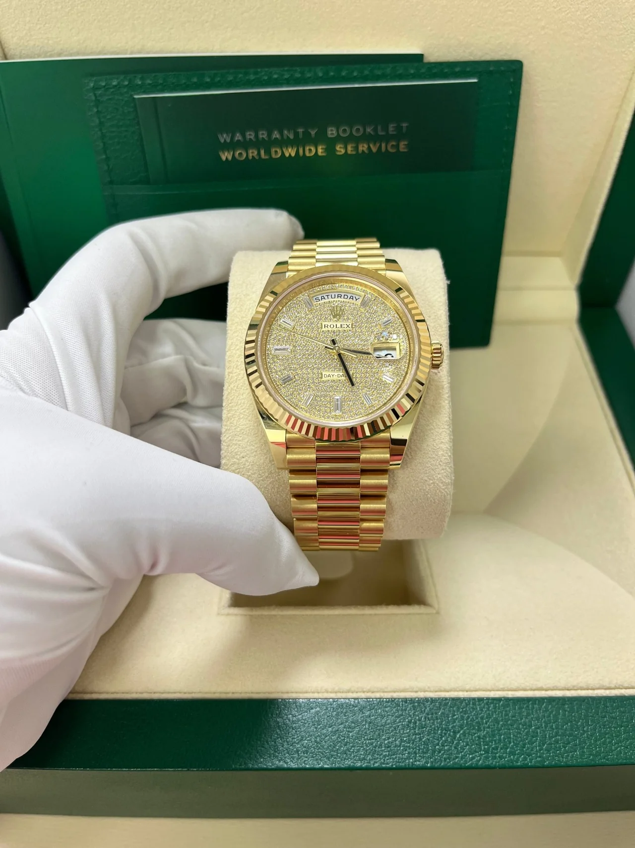 RC Factory Day-Date 40 yellow gold pavé dial watch