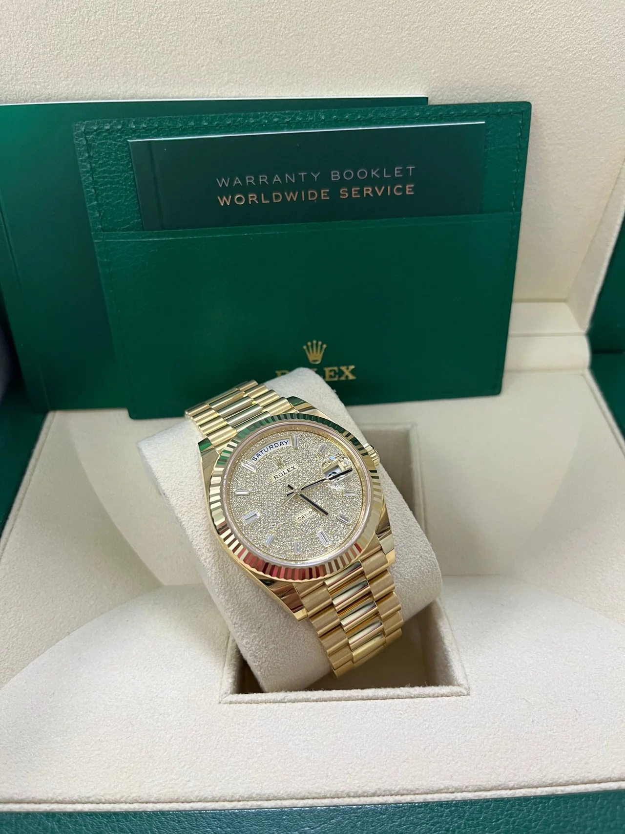 RC Factory Day-Date 40mm Yellow Gold Pavé Dial – 904L Steel - Image 6