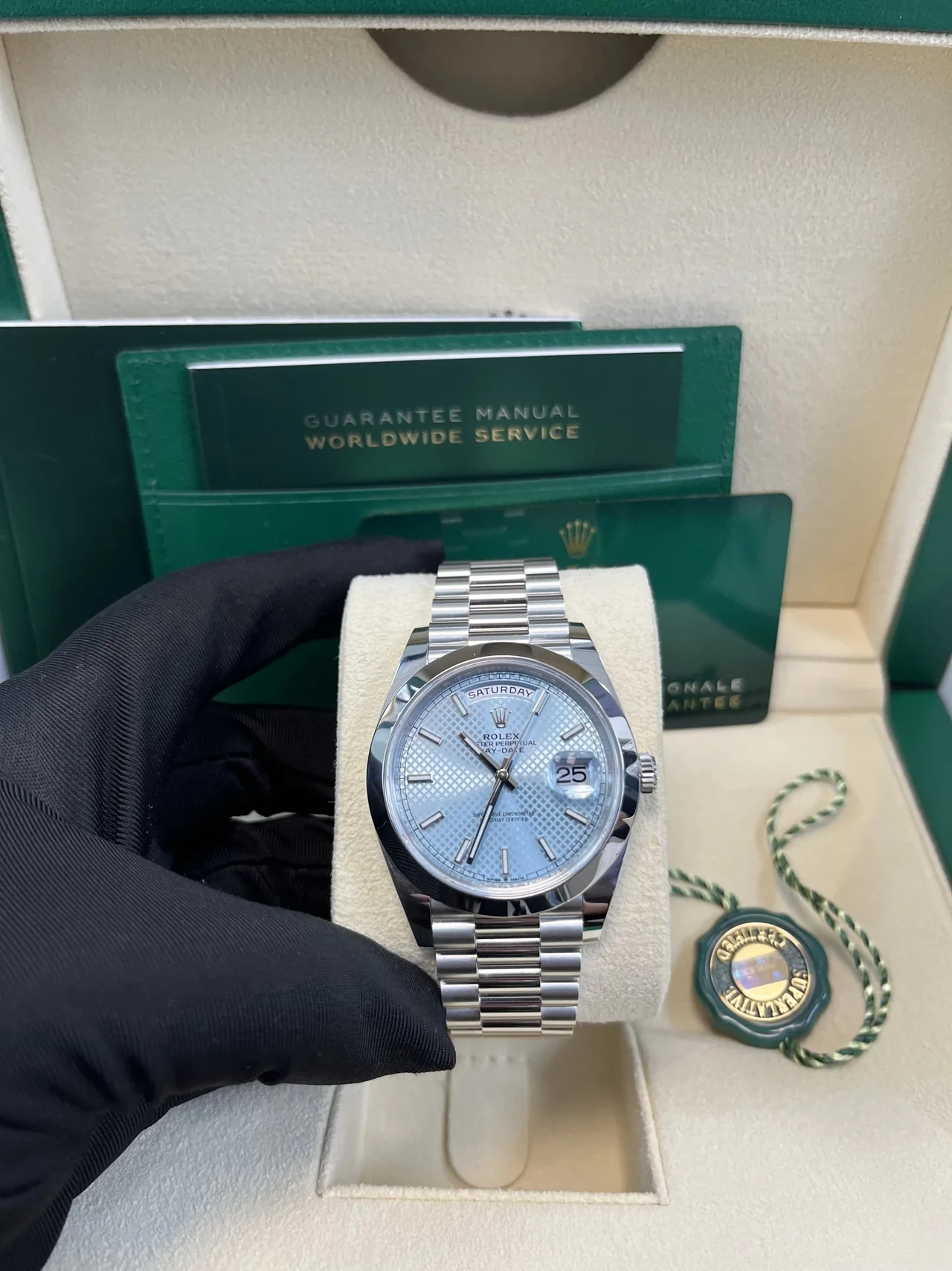 RC Factory Day-Date 40 platinum-style ice-blue dial watch
