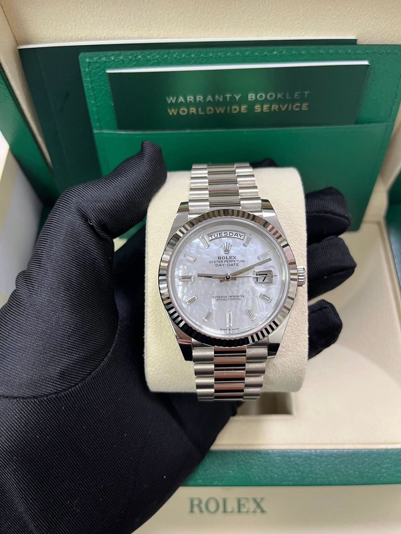 RC Factory Day-Date 40-style watch with mother-of-pearl dial
