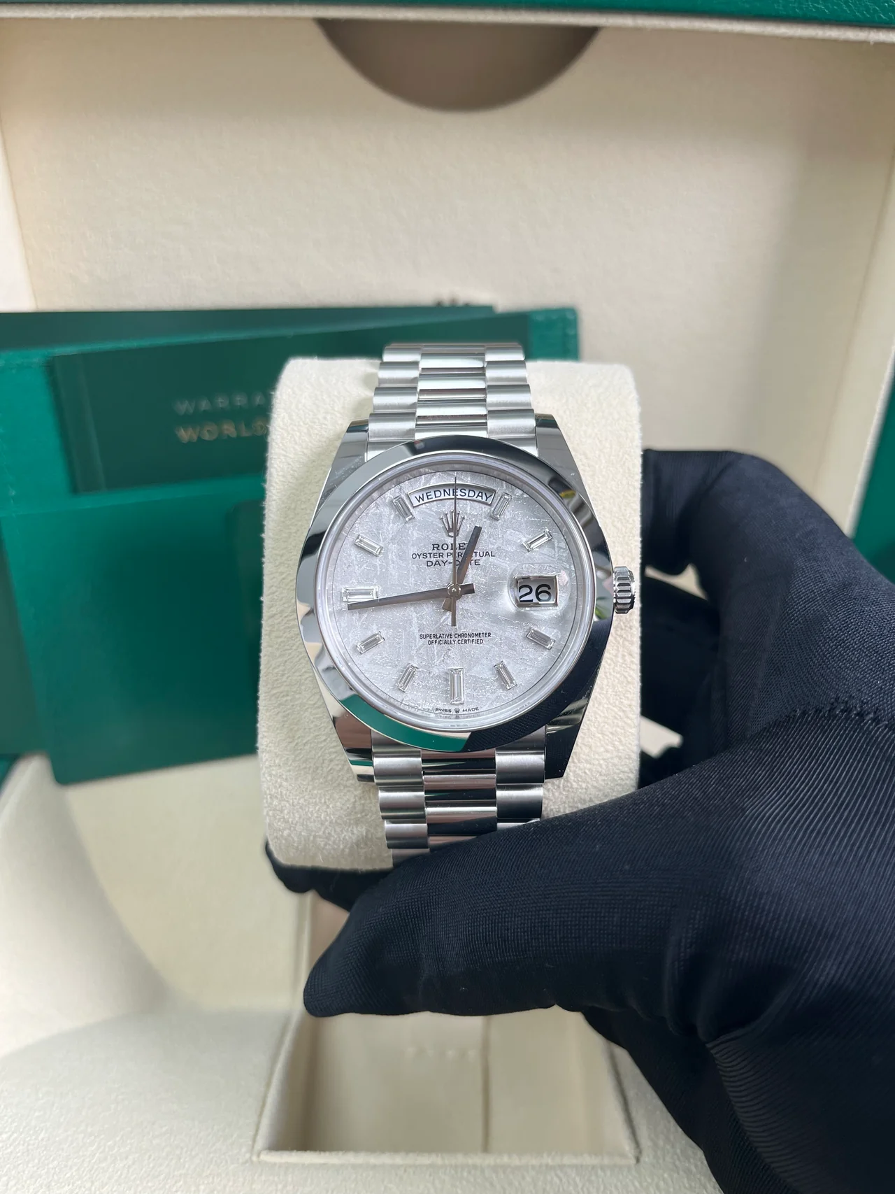 RC Factory Day-Date 40 platinum-style meteorite dial watch