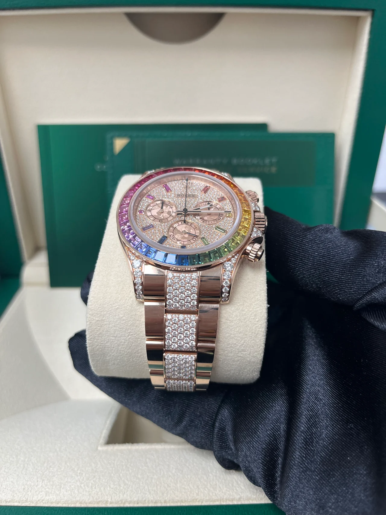 VS Factory Rolex Daytona 116595 RBOW Rose Gold – Black Dial, Diamond & Sapphire Bezel, 18K Rose Gold-Wrapped 904L Steel, Best Edition 4130 Movement - Image 3