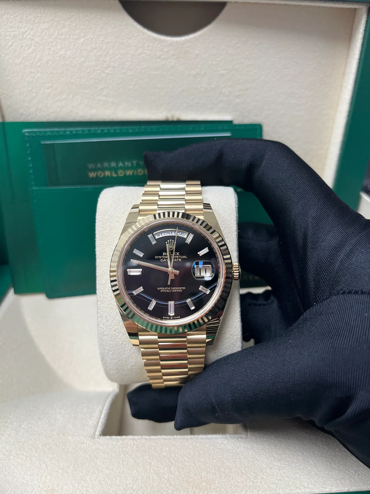 RC Factory Day-Date 40 yellow gold baguette diamond-style dial with fluted bezel